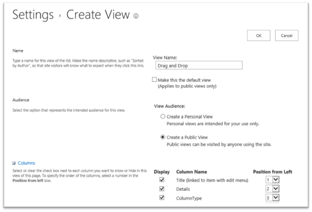 drag and drop sharepoint lists- create view